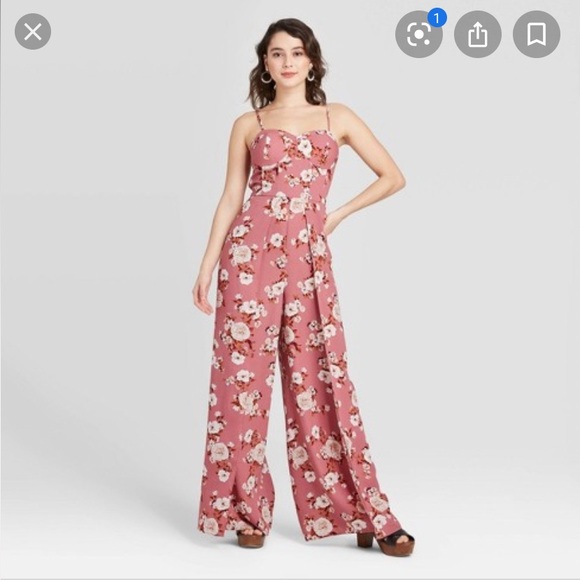Xhilaration Pants - Floral Print Sleeveless Sweetheart Neck Bra Cup Jumpsuit